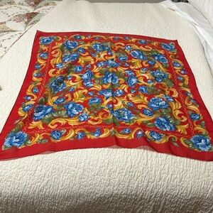 Beautiful red scarf with blue and gold floral design
